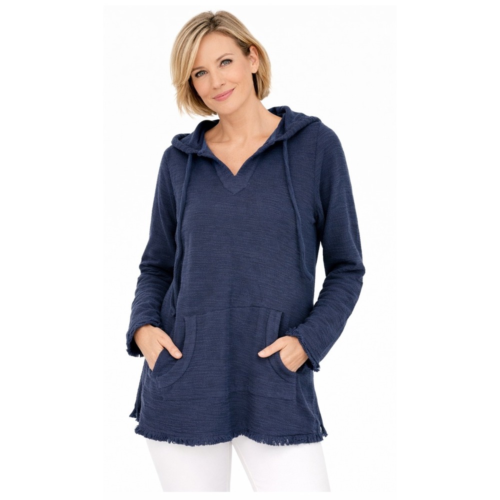 Crown & Ivy Hoodie‎ Women XS Navy New Montauk Weekend Athleisure Fringe Cotton